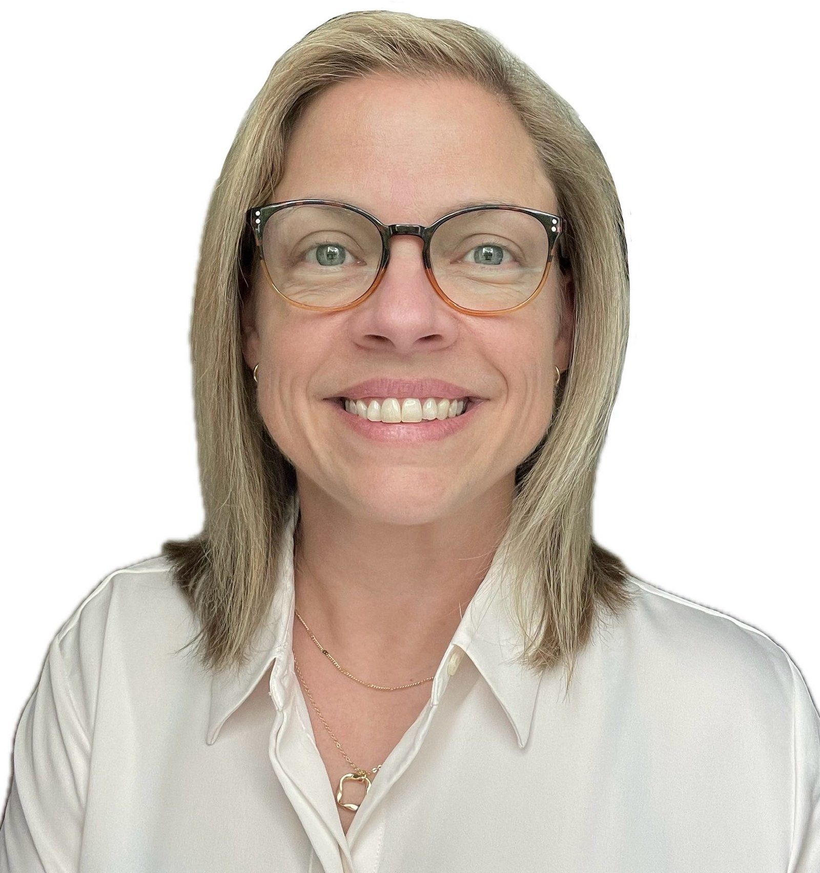Mary Kate Brown, headshot of a white woman with blonde hair wearing glasses and smiling.